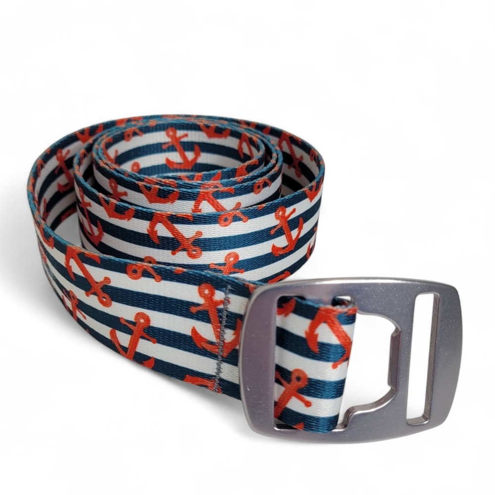 Croakies Webbed Bottle Opener Belt 45" Nautical Striped Anchors